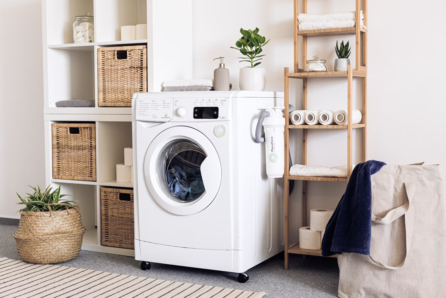A washing machine and storage cabinets 