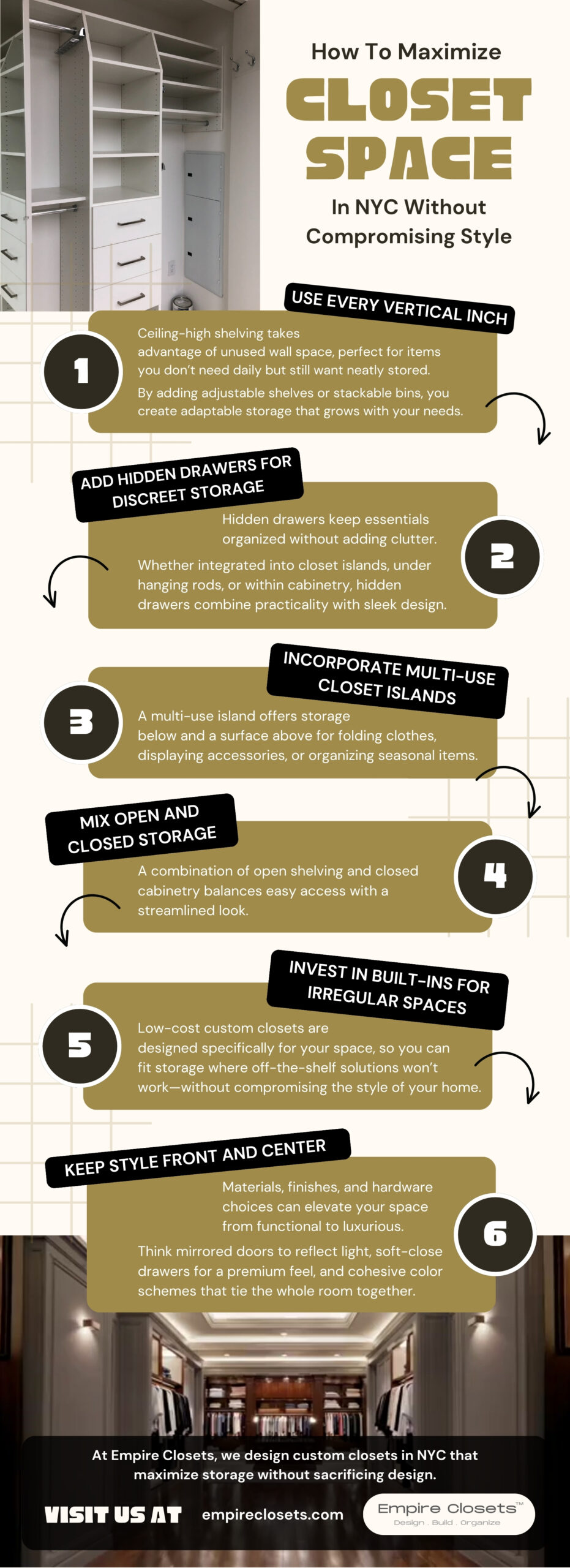Infographic on how to maximize closet space in NYC without compromising style, featuring smart storage solutions like vertical shelving, hidden drawers, multi-use islands, built-ins, and open plus closed storage, designed by Empire Closets for stylish, space-saving organization.