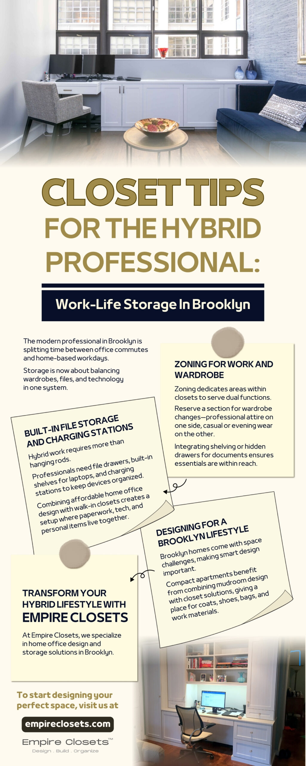 Infographic on closet tips for hybrid professionals in Brooklyn, featuring work-life storage solutions such as zoning, built-in file storage, charging stations, and multipurpose designs. Empire Closets highlights custom closet systems that balance style, efficiency, and productivity.